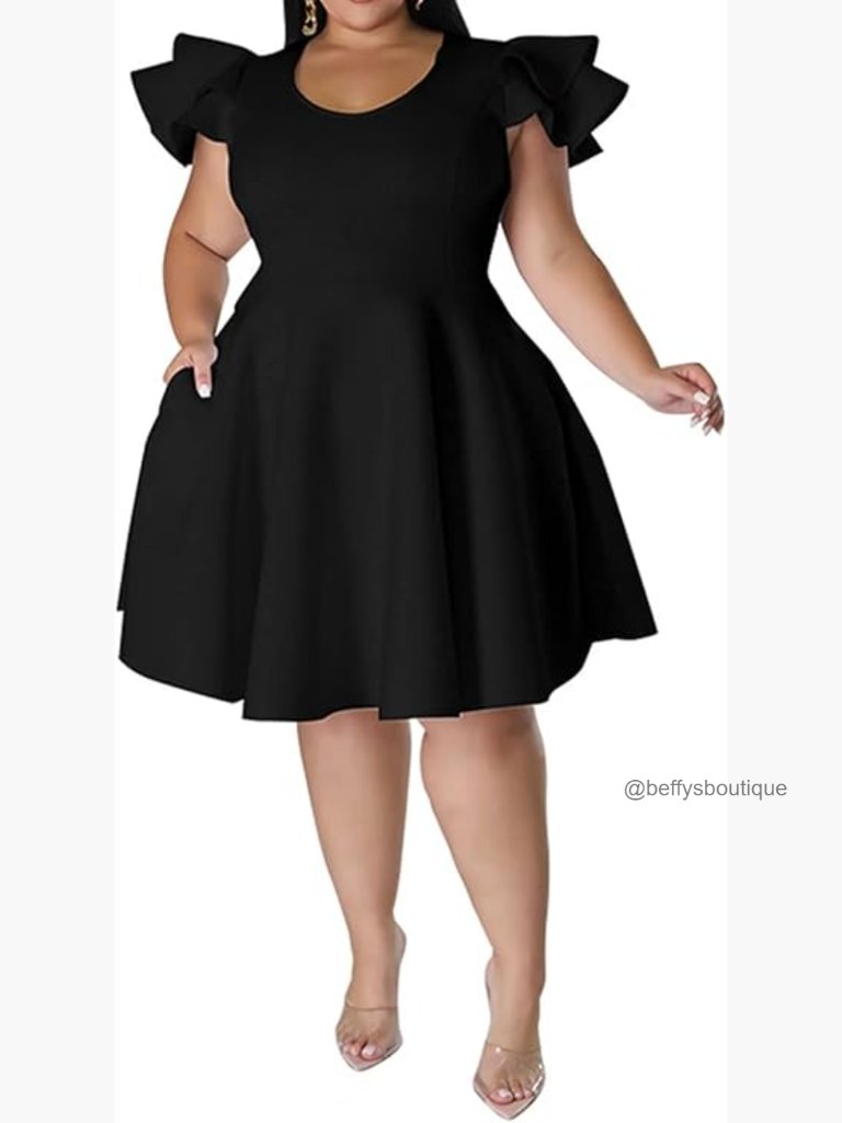 Plus Size Cape Flutter Sleeve A-Line Swing Midi Dress With Pockets
